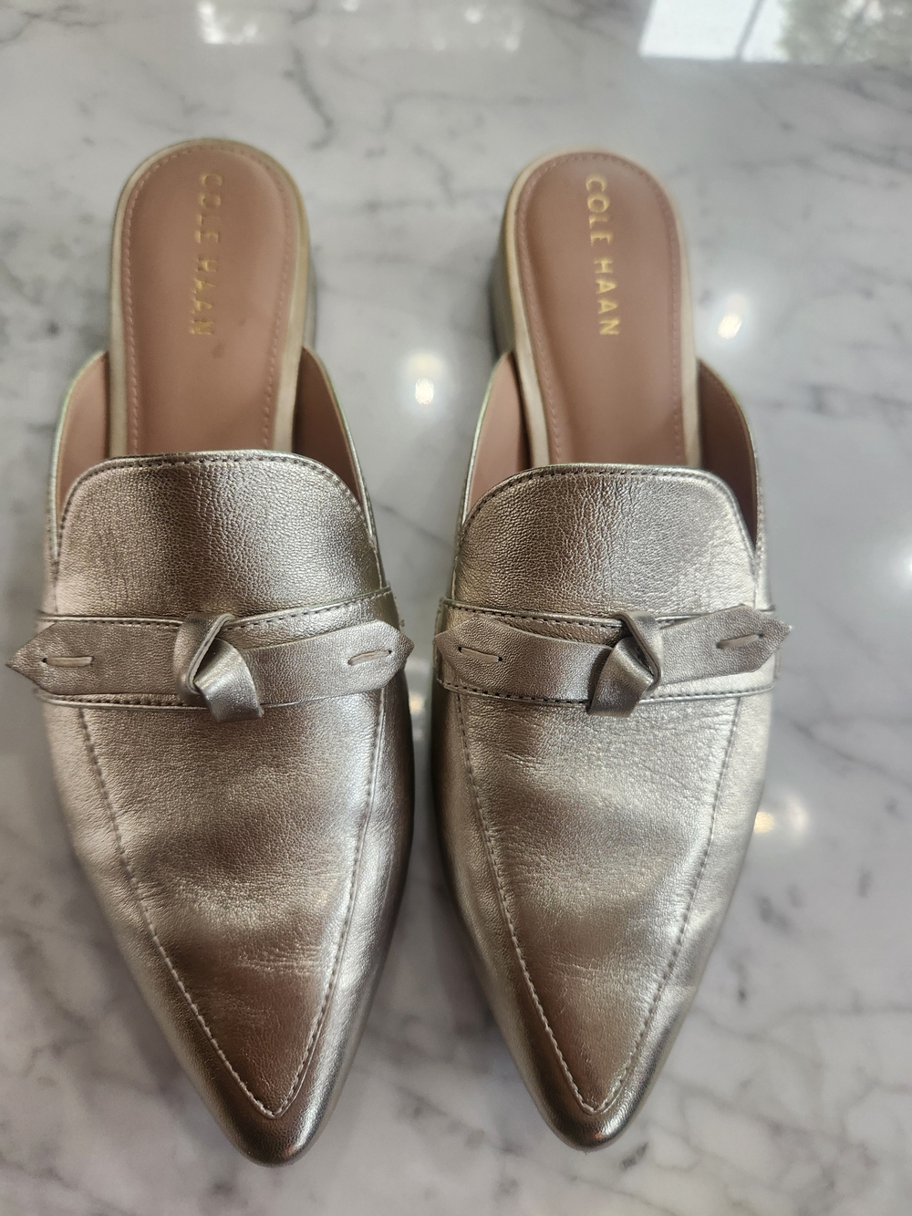 Cole Haan Metallic Light Gold, Pointed Toe Mule with Bow on top, BRAND NEW.